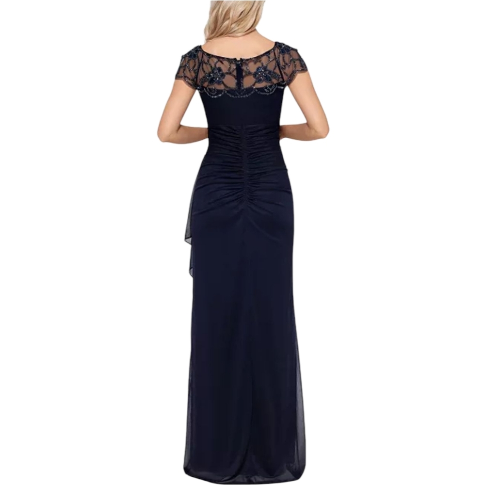 Xscape Navy Beaded Illusion Cap Sleeve Ruched Mother of Bride Formal Gown 6 - Picture 3 of 15